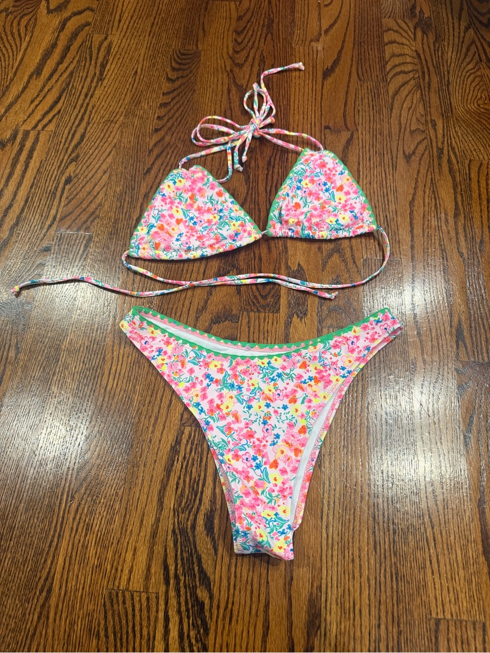 SHEIN Pink Floral Triangle String Bikini Set
